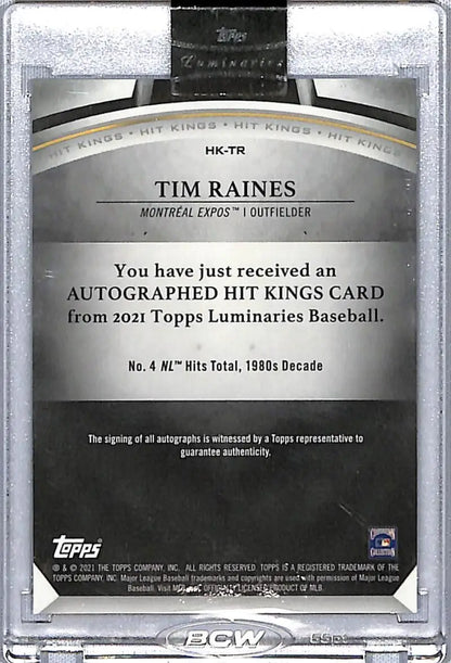 Autographed Tim Raines 2021 Topps Luminaries Hit Kings Blue card for Montreal Expos