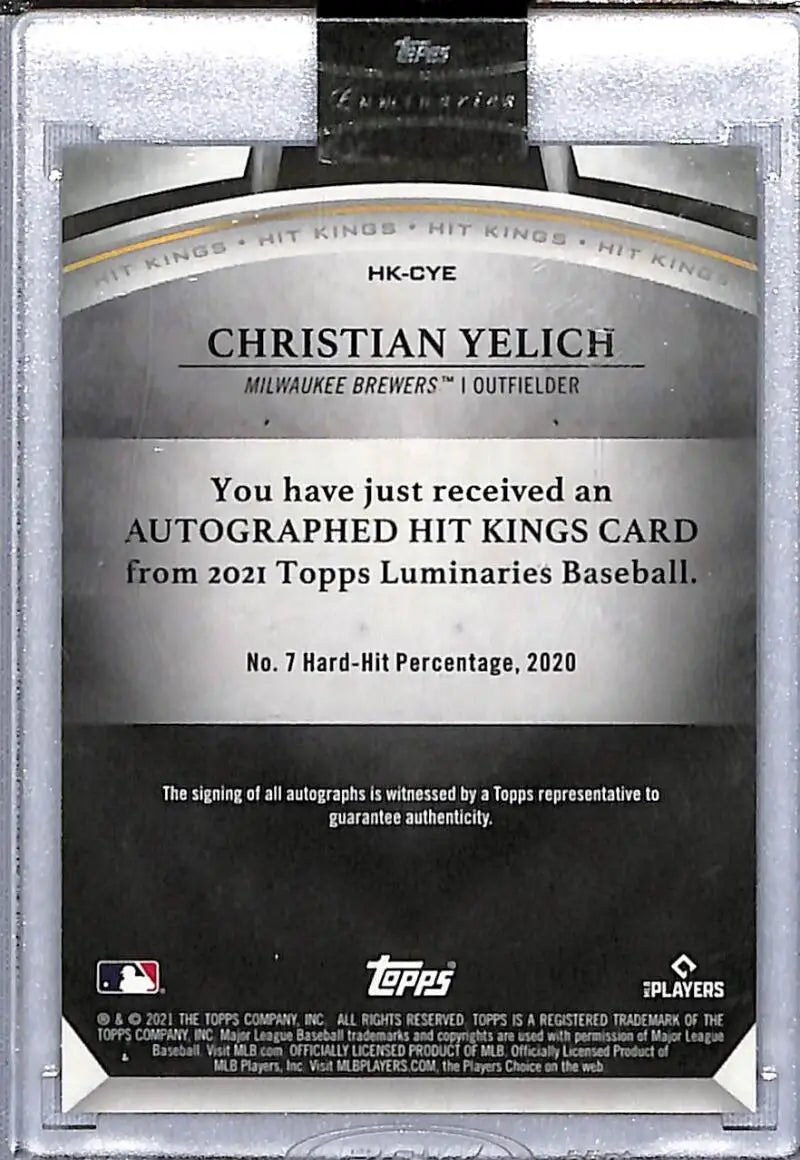 2021 Topps Luminaries Hit Kings Christian Yelich autographed baseball card for Milwaukee Brewers