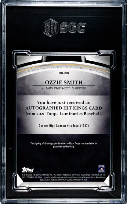 Back side of 2021 Topps Luminaries Hit Kings Ozzie Smith baseball card showing certification