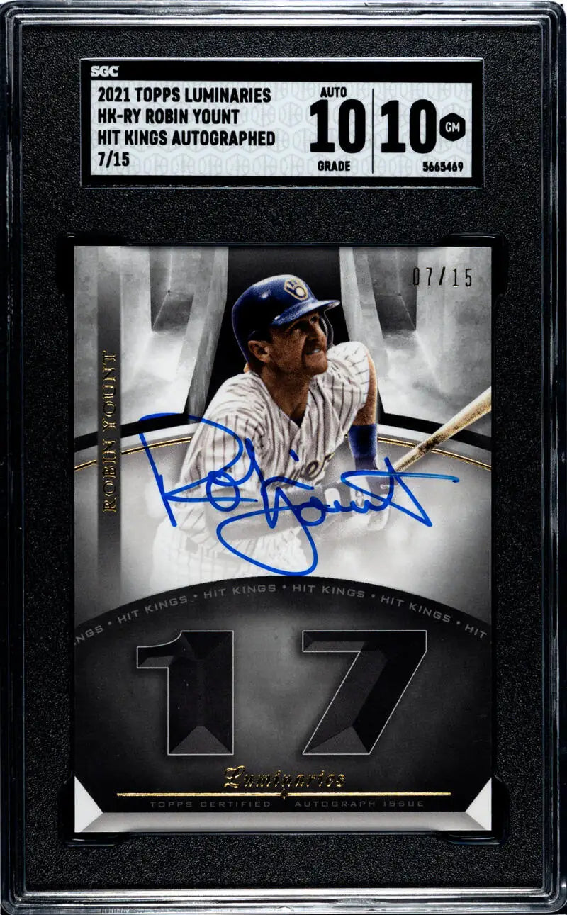 Autographed Robin Yount Hit Kings baseball card featuring Milwaukee Brewers from 2021 Topps Luminaries