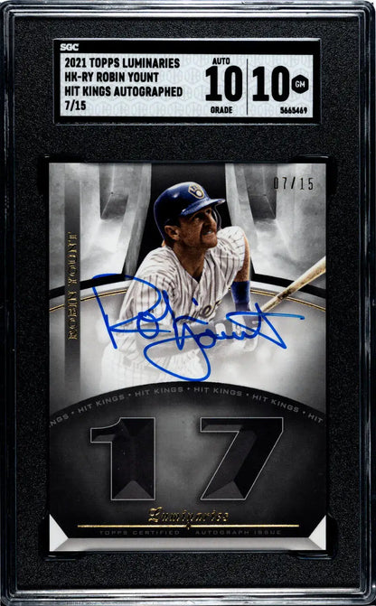 Autographed Robin Yount Hit Kings baseball card featuring Milwaukee Brewers from 2021 Topps Luminaries