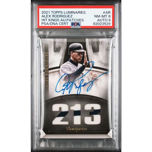2021 Topps Luminaries Hit Kings Patches #HKAP-AR Alex Rodriguez PSA 8 NM-MT MEM Auto 8/15 Seattle Mariners Baseball Card