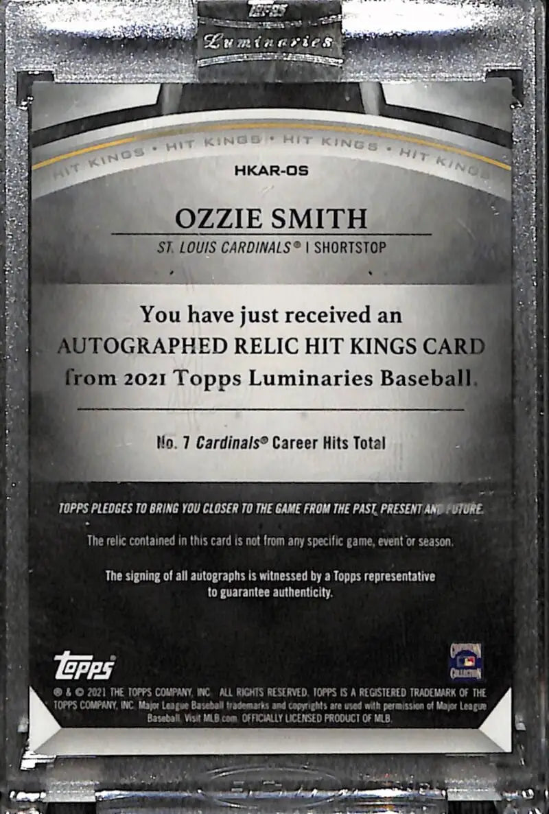 Topps Luminaries Hit Kings notification slip for Ozzie Smith autographed relic card