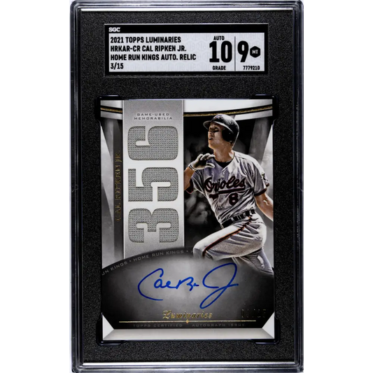 2021 Topps Luminaries Hit Kings Relics #HKAR-CR Cal Ripken Jr. SGC 9 MINT MEM Auto 3/15 Baltimore Orioles Baseball Card