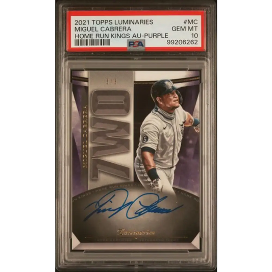 2021 Topps Luminaries Home Run Kings Purple #HRK-MC Miguel Cabrera PSA 10 GEM MINT Auto 3/3 Detroit Tigers Baseball Card