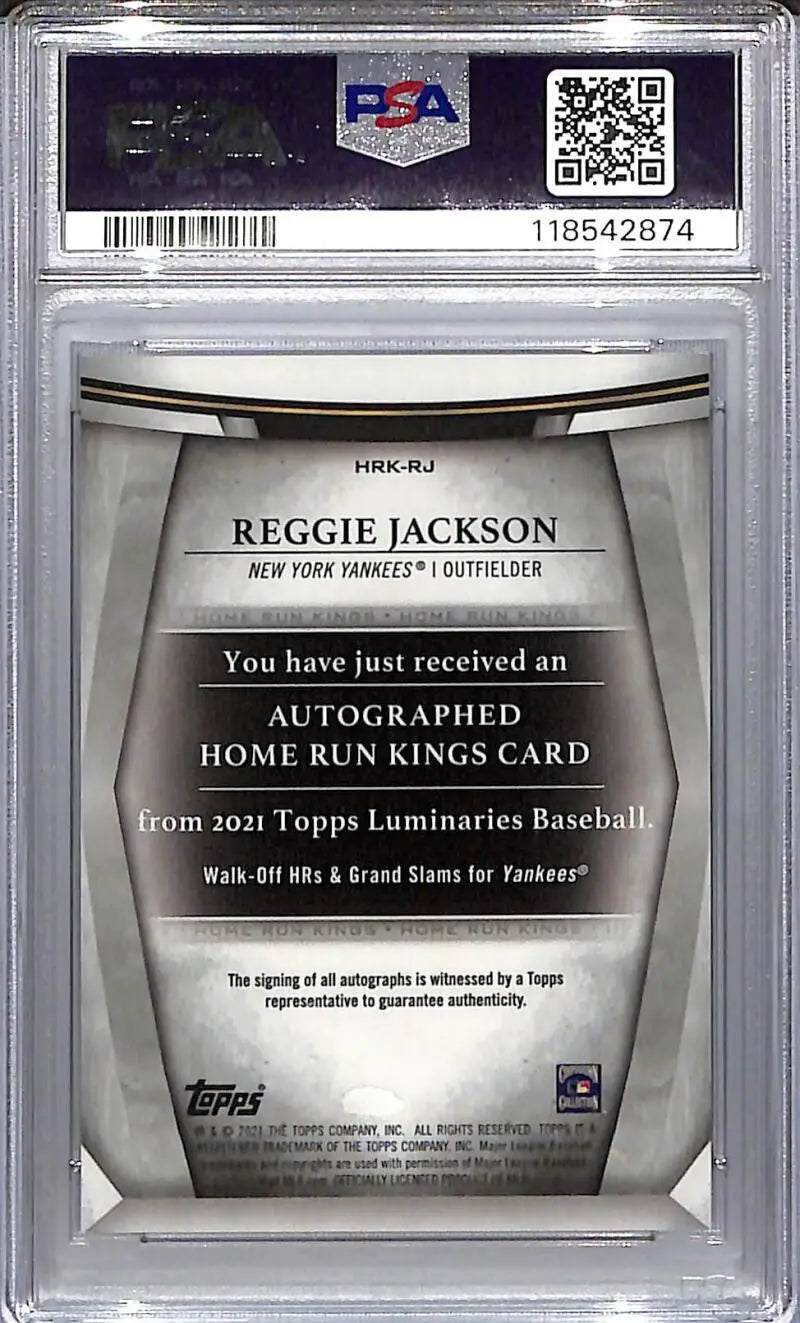 Reggie Jackson autographed baseball card from 2021 Topps Luminaries Home set, PSA 10