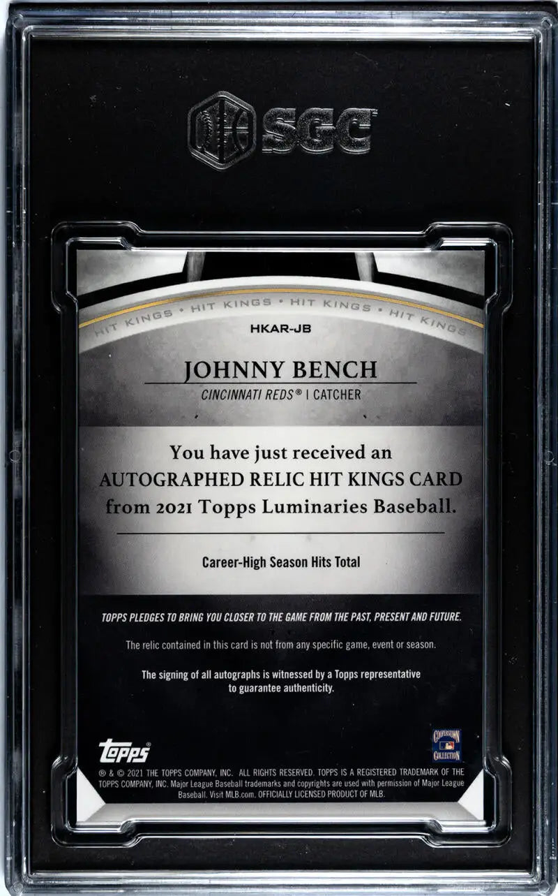 Graded Johnny Bench baseball card from 2021 Topps Luminaries featuring Johnny Bench SGC 9 Mint