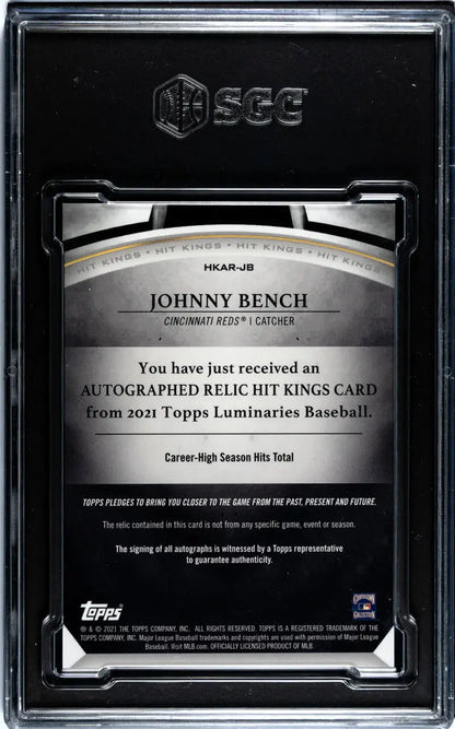 Graded Johnny Bench baseball card from 2021 Topps Luminaries featuring Johnny Bench SGC 9 Mint