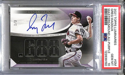 2021 Topps Luminaries Masters Greg Maddux baseball card with autograph and purple design