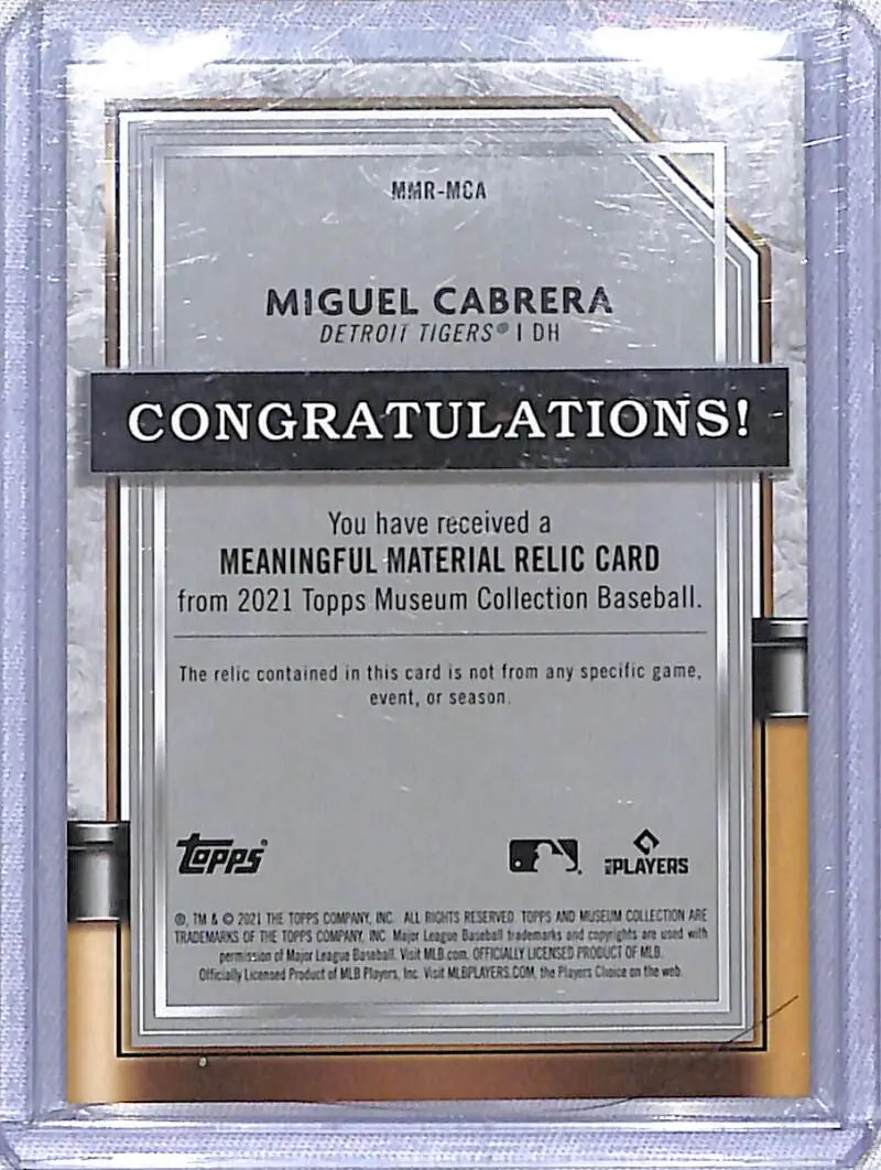 Miguel Cabrera Baseball Card Relic from 2021 Topps Museum Collection Meaningful Material