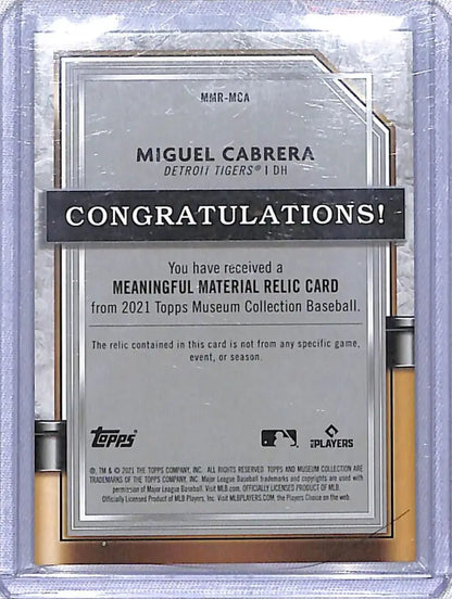 Miguel Cabrera Baseball Card Relic from 2021 Topps Museum Collection Meaningful Material