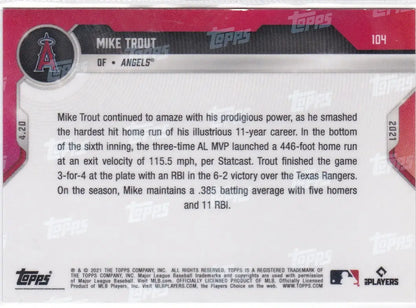 Back of 2021 Topps NOW Mike Trout Angels baseball card featuring player details