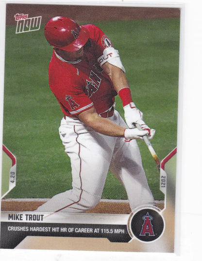 Topps Now baseball card of Mike Trout Angels batting pose 2021 #104
