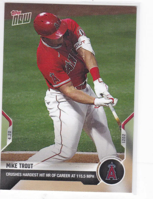 Topps Now baseball card of Mike Trout Angels batting pose 2021 #104