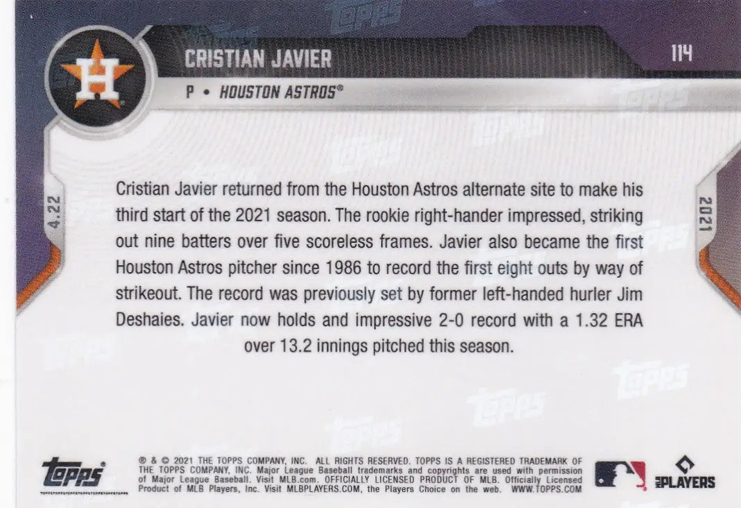 Cristian Javier baseball card from 2021 Topps Now for Houston Astros collectors