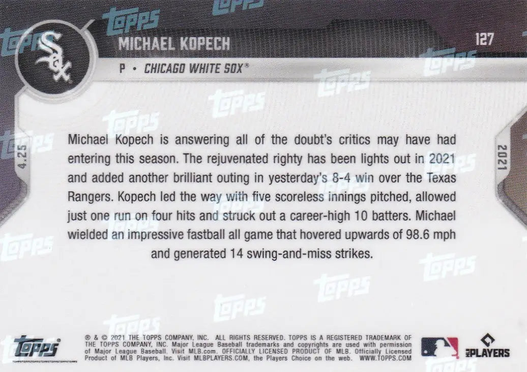 Baseball card back of 2021 TOPPS NOW #127 Michael Kopech, Chicago White Sox player