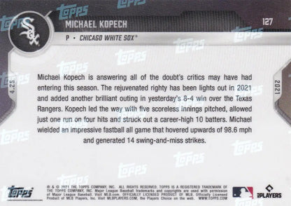 Baseball card back of 2021 TOPPS NOW #127 Michael Kopech, Chicago White Sox player