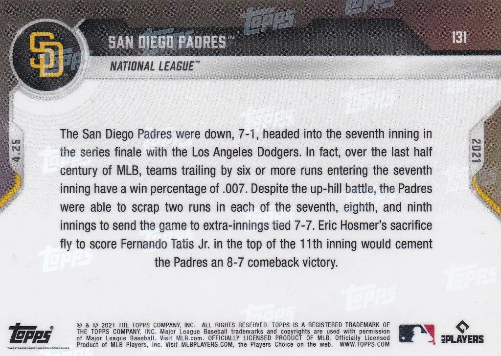 Back view of 2021 TOPPS NOW #131 San Diego Padres baseball card