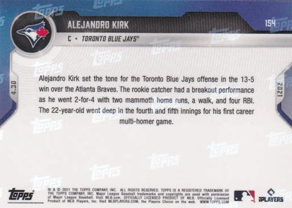 Back of 2021 TOPPS NOW Alejandro Kirk Toronto Blue Jays trading card with stats and team info