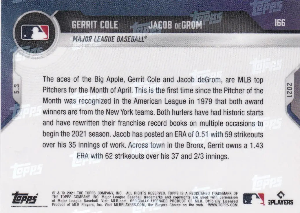 Back of 2021 TOPPS NOW #166 Gerrit Cole- MLB trading card featuring Gerrit Cole- MLB and Jacob deGrom