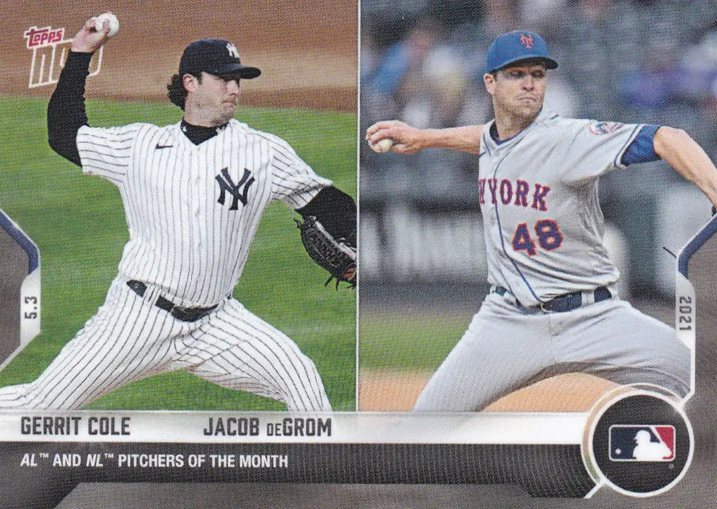 Baseball card featuring Gerrit Cole- MLB and Jacob deGrom from 2021 TOPPS NOW #166
