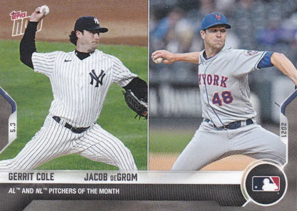 Baseball card featuring Gerrit Cole- MLB and Jacob deGrom from 2021 TOPPS NOW #166
