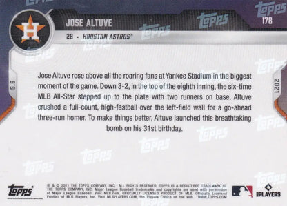 Jose Altuve baseball card back from 2021 Topps Now featuring Houston Astros player