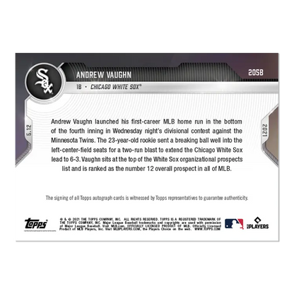 Baseball card showcasing 2021 Topps Now 205B Andrew Vaughn Autograph Chicago White Sox