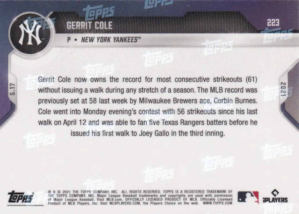 Gerrit Cole baseball card back from 2021 TOPPS NOW #223 for New York Yankees fans