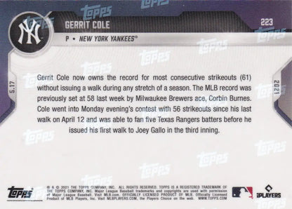 Gerrit Cole baseball card back from 2021 TOPPS NOW #223 for New York Yankees fans