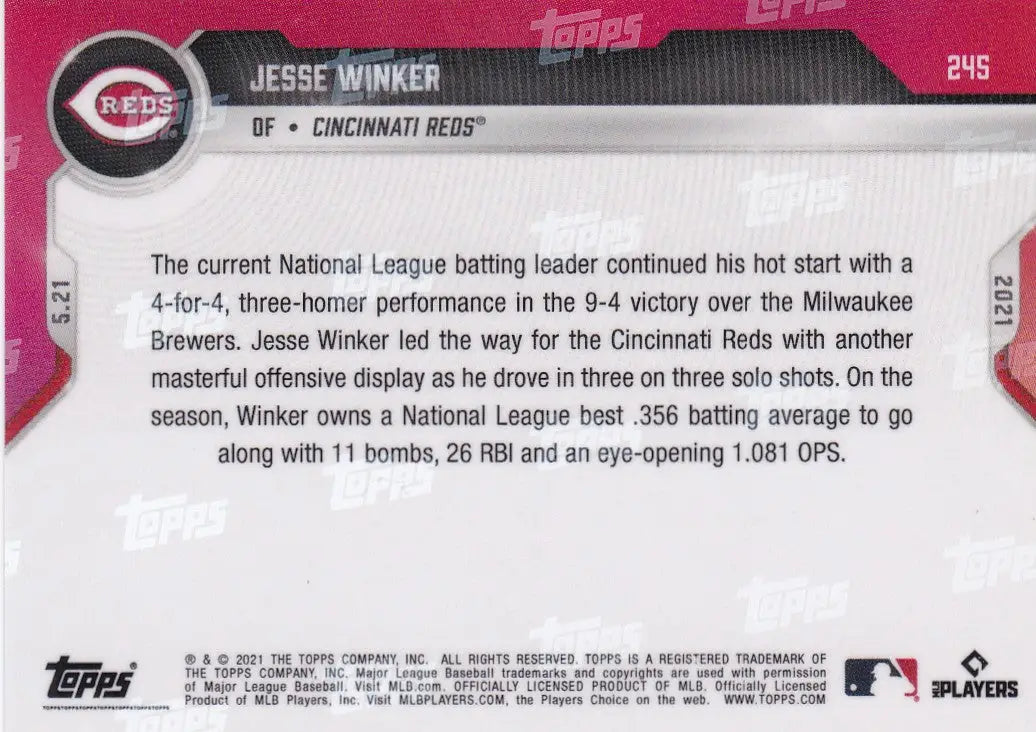 Back of 2021 Topps Now #245 Jesse Winker Cincinnati Reds baseball card