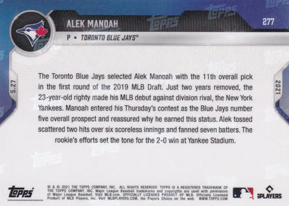 Back of 2021 TOPPS NOW #277 Alek Mandah baseball card featuring Toronto Blue Jays