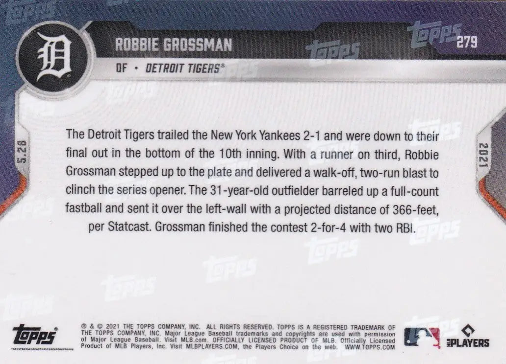 Back of 2021 Topps Now #279 Robbie Grossman - Detroit Tigers baseball card