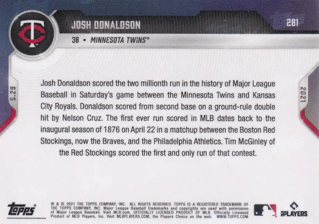 Back of 2021 TOPPS NOW #281 Josh Donaldson - Minnesota Twins baseball card