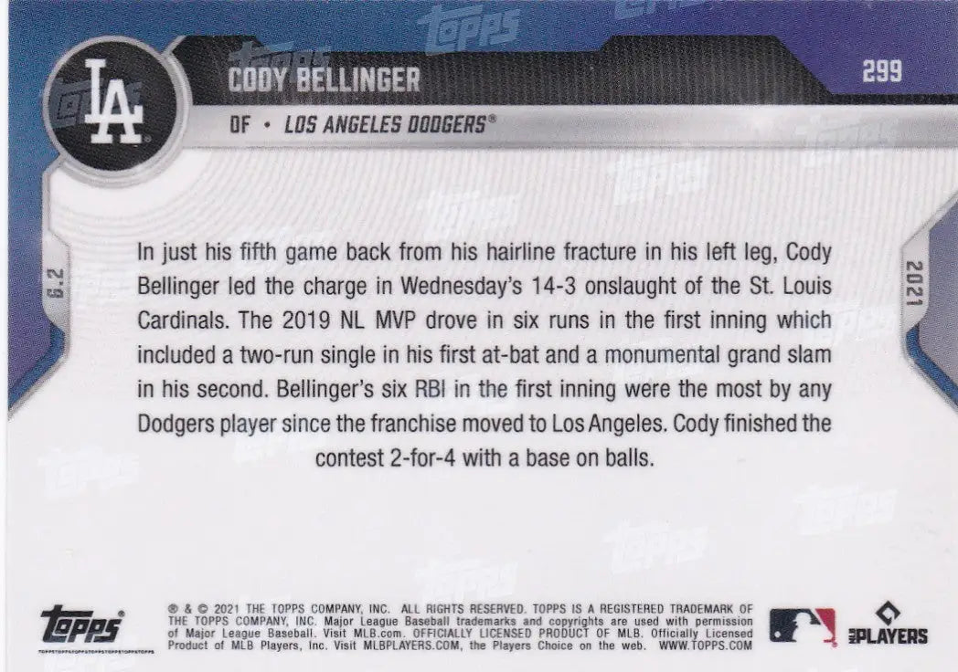 Back of 2021 TOPPS NOW #299 Cody Bellinger baseball card for Los Angeles Dodgers fans