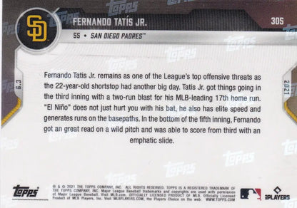 Back of 2021 TOPPS NOW #305 Fernando Tatis Jr. baseball card for San Diego Padres fans