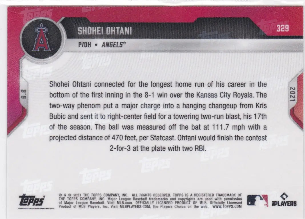 Back of the 2021 Topps Now #329 Shohei Ohtani- Angels baseball card