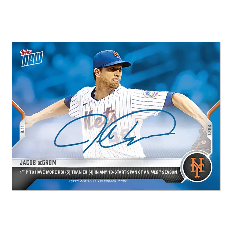 Baseball card of Jacob deGrom in mid-throw with New York Mets autograph overlay
