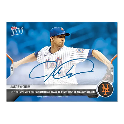 Baseball card of Jacob deGrom in mid-throw with New York Mets autograph overlay