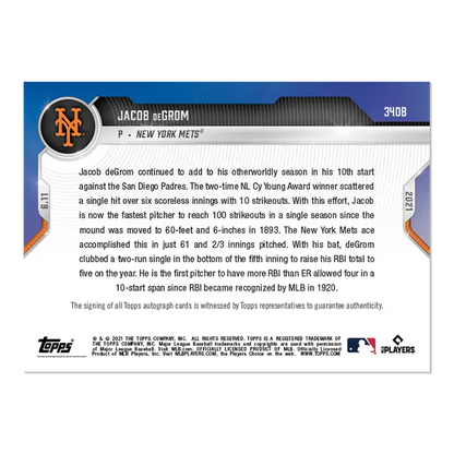 Baseball card of Jacob deGrom featuring stats, New York Mets Autograph, 340B Jacob deGrom