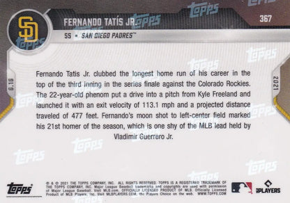 Fernando Tatis Jr. baseball card back from 2021 Topps Now for San Diego Padres collectors