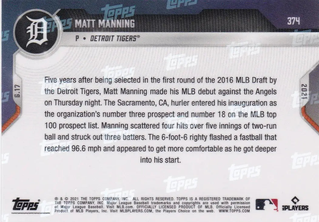 Matt Manning baseball card back from 2021 TOPPS NOW #374 Detroit Tigers collectible