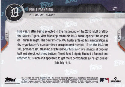 Matt Manning baseball card back from 2021 TOPPS NOW #374 Detroit Tigers collectible