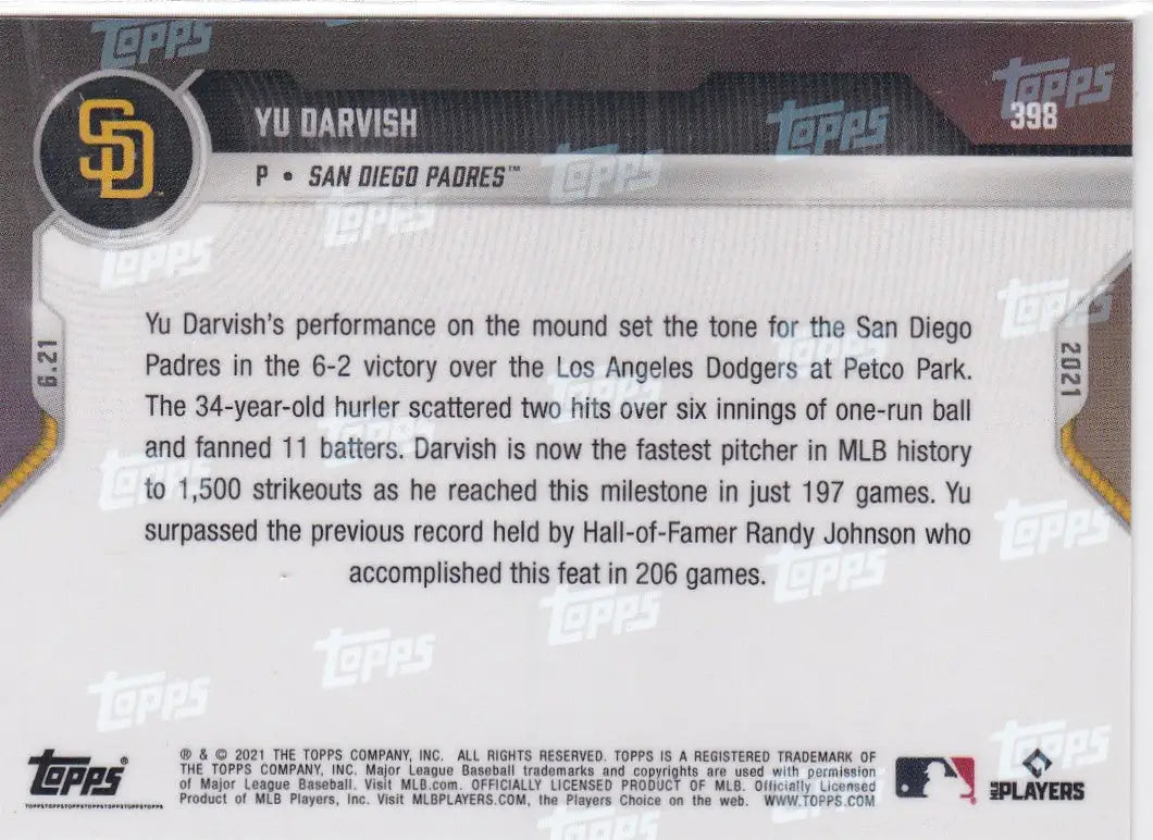 Yu Darvish baseball card back 2021 Topps Now, San Diego Padres collectible item