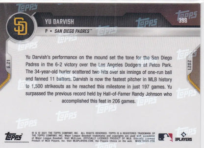 Yu Darvish baseball card back 2021 Topps Now, San Diego Padres collectible item