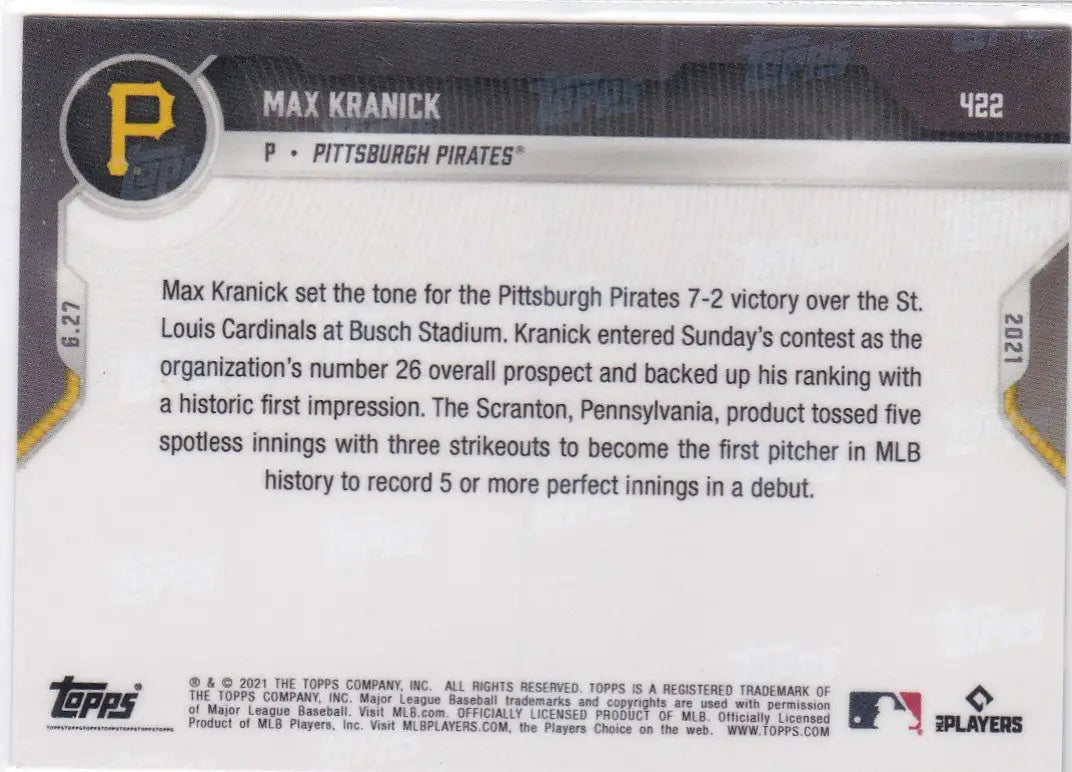 Baseball card back of 2021 TOPPS NOW #422 Max Kranick - Pittsburgh Pirates collectible