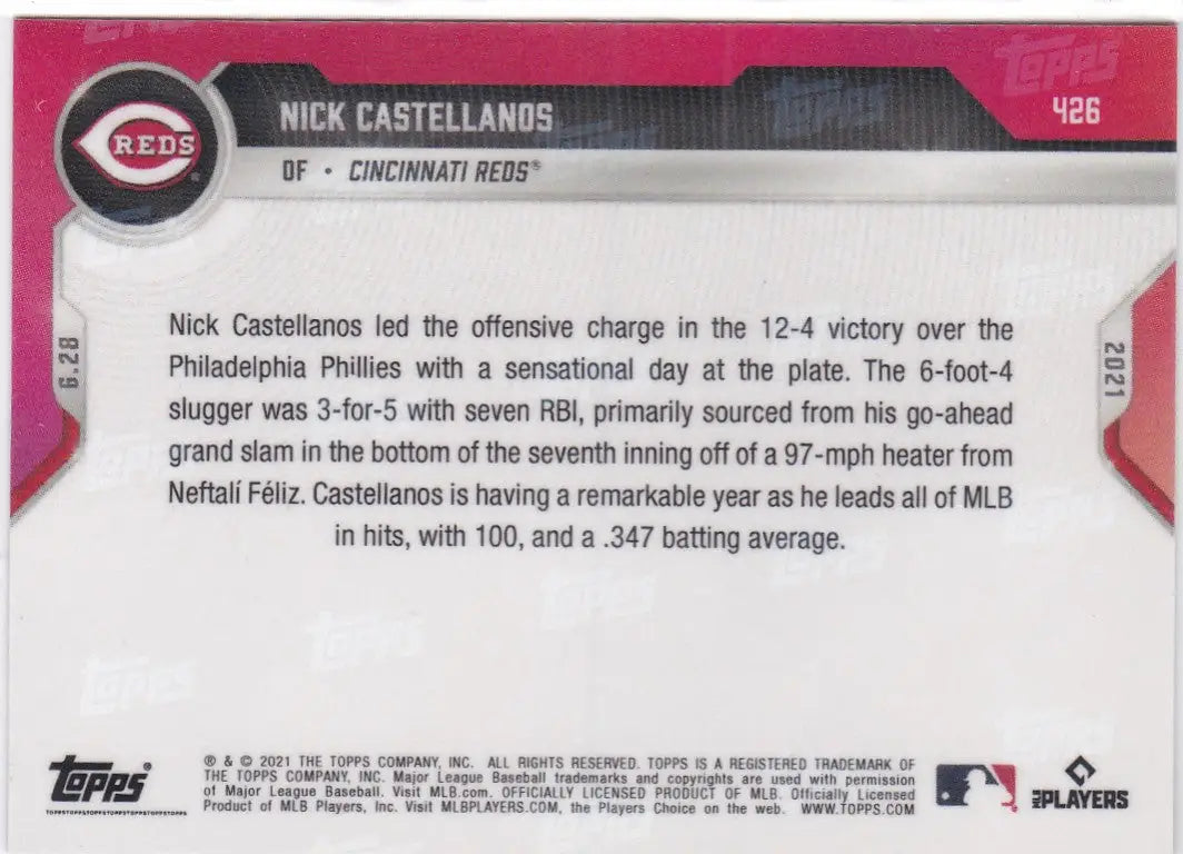 Baseball card back of 2021 TOPPS NOW #426 Nick Castellanos - Cincinnati Reds