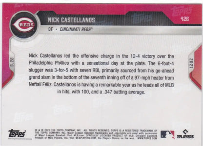 Baseball card back of 2021 TOPPS NOW #426 Nick Castellanos - Cincinnati Reds