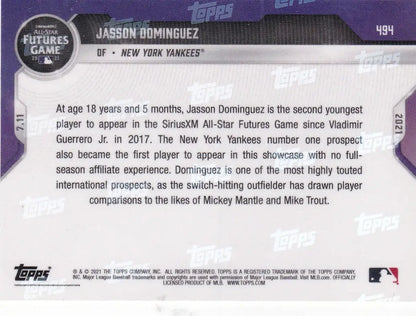 Jasson Dominguez baseball card from 2021 Topps Now showcasing New York Yankees trading cards