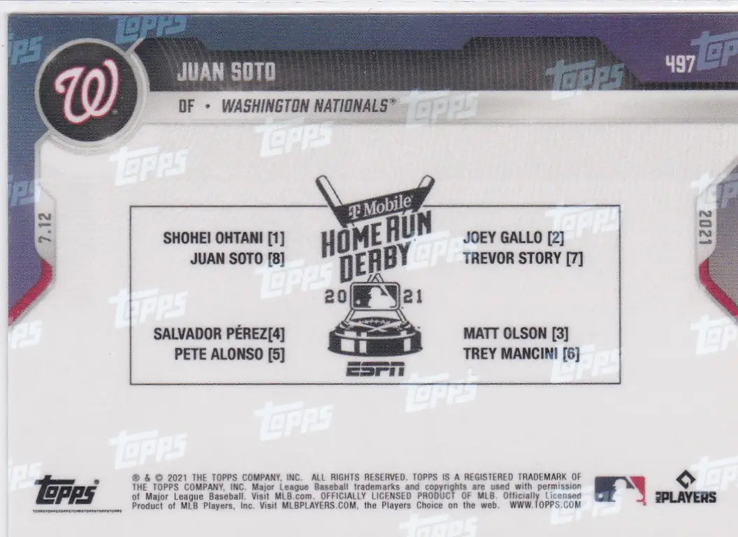 Baseball card back of 2021 Topps Now Juan Soto - Washington Nationals collectible